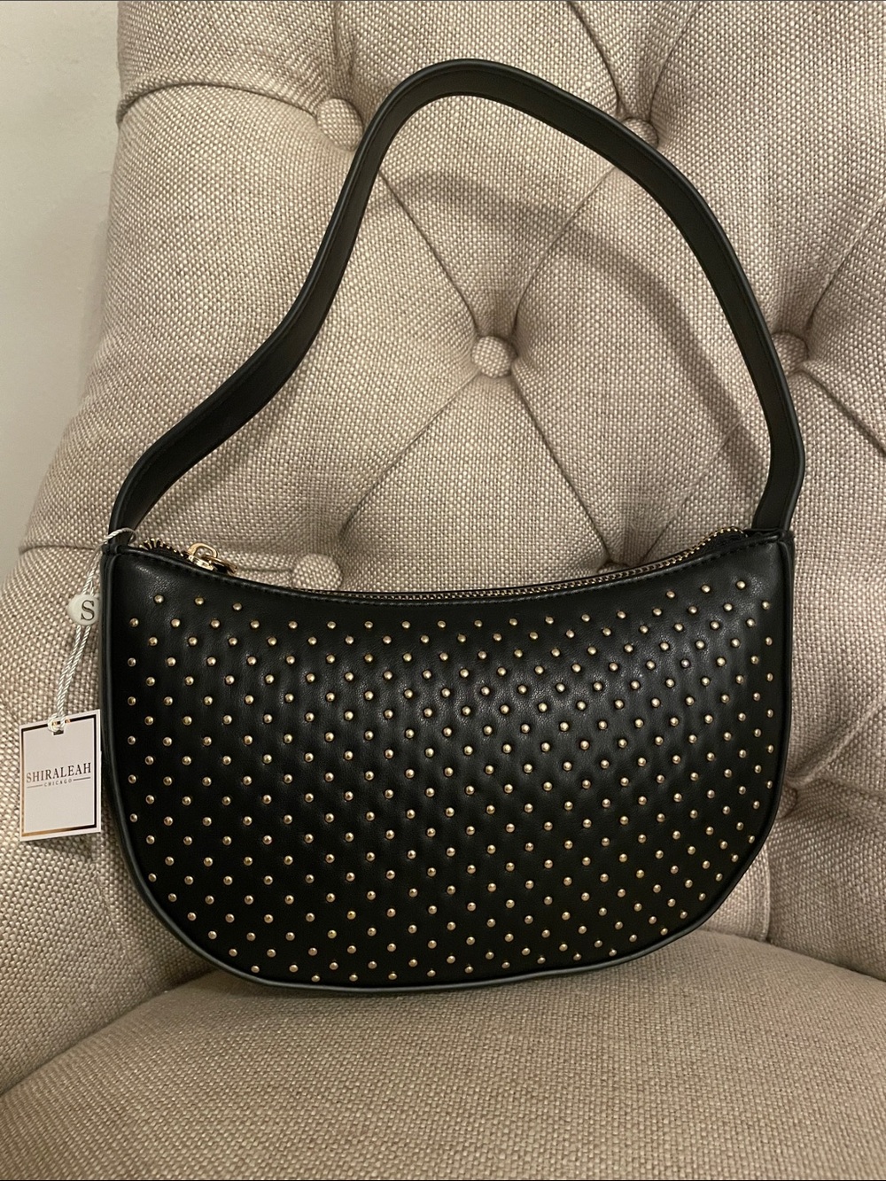 Shiraleah Black Roxy Crescent Shoulder Bag with Gold Studs
